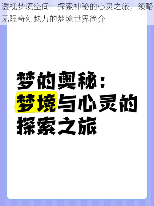 透视梦境空间：探索神秘的心灵之旅，领略无限奇幻魅力的梦境世界简介